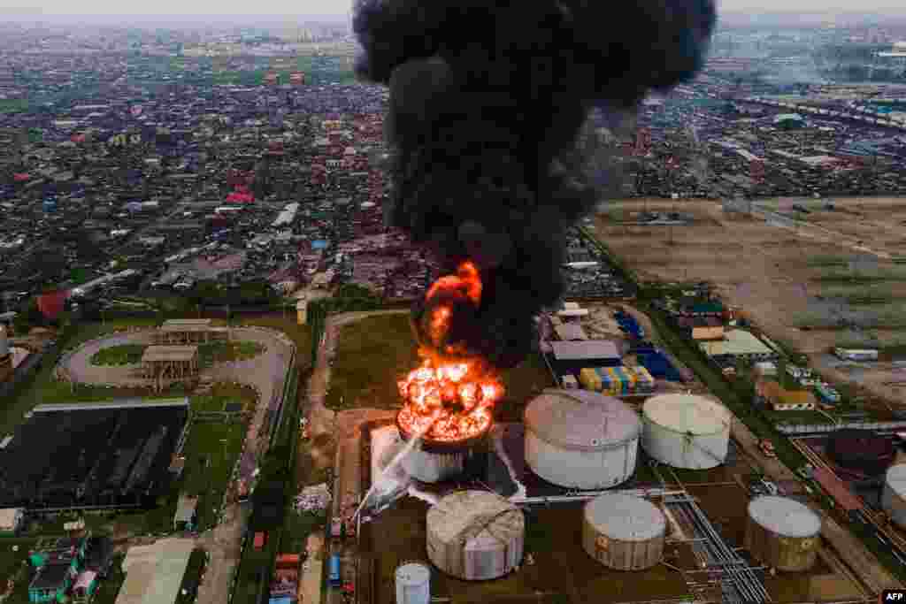 An aerial view shows an oil tanker on fire at the OVH Energy Marketing in Apapa, Lagos, Nigeria.