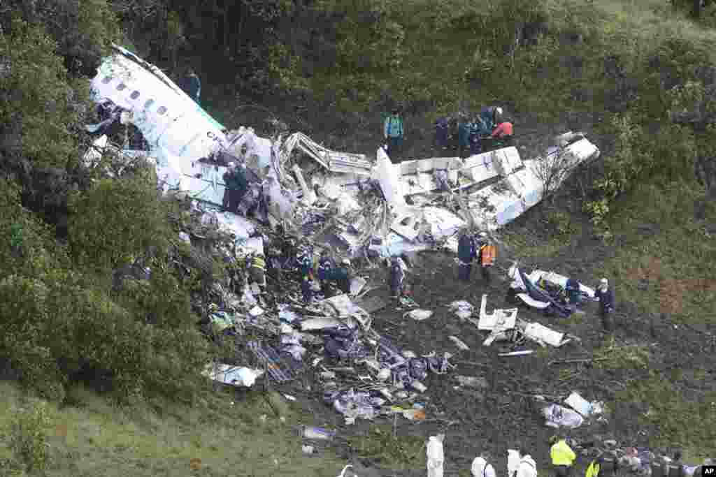 The chartered plane crashed into a Colombian hillside and broke into pieces, killing 75 people and leaving six survivors, Colombian officials said.