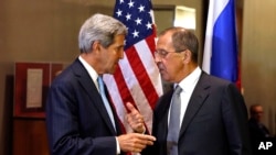 John Kerry and Sergei Lavrov shake hands after conducting a bilateral meeting. Tuesday, Sept. 24, 2013. 