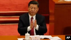 In this March 9, 2018 photo, Chinese President Xi Jinping claps to applaud China's Procurator-General Cao Jianming during a plenary session of China's National People's Congress at the Great Hall of the People in Beijing.