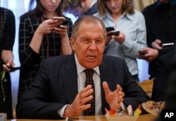 Russian Foreign Minister Sergey Lavrov gestures during a meeting with South Korea in Moscow, March 13, 2018.
