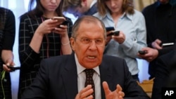 Russian Foreign Minister Sergey Lavrov gestures during a meeting with South Korean head of National Security Chung Eui-yong at the Russian foreign ministry in Moscow,Tuesday March 13, 2018.