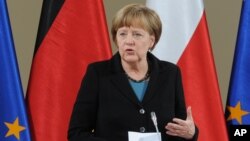 German Chancellor Angela Merkel speaks at the beginning of talks between the Polish and German governments in Warsaw, Poland, April 27, 2015.