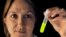 In this August 27, 2010 photo, research technician Danielle Fontaine holds a test tube glowing with bioluminescent protein derived from fireflies at a laboratory at Connecticut College in New London, Connecticut.
