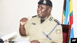 Ugandan police spokesman Fred Enanga addresses a news conference at Police headquarters in Kampala, April 8, 2019.