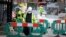 Construction workers social distance as they work in London as the country is in lockdown to help stop the spread of coronavirus, May 11, 2020. 