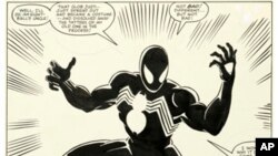 Gambar yang disediakan oleh Heritage Auctions ini menunjukkan gambar dari komik Marvel tahun 1984 Secret Wars No. 8, yang menceritakan kisah asal usul kostum hitam Spider-Man yang sekarang menjadi ikon. (Heritage Auctions via AP)