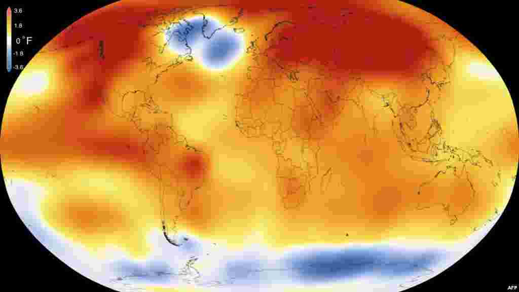 미 항공우주국, NASA가 공개한 지난해 세계 기온 분포도. 지난해는 1880년 이후 가장 기온이 높은 해였다고 밝혔다.