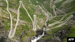 This picture taken on June 27, 2024 shows the touristic mountain road of Trollstigen in Norway.