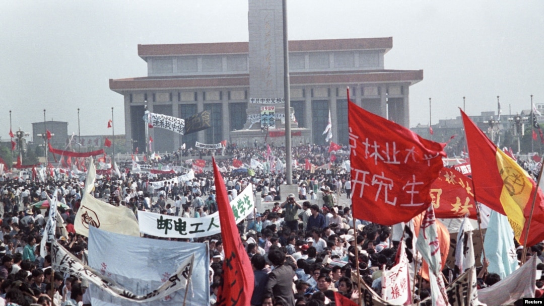FILE: Hundreds of thousands of people, seeking political and economic reforms, crowded Beijing’s central Tiananmen Square May 17, 1989, in the biggest popular upheaval in China since the Cultural Revolution of the 1960s.
