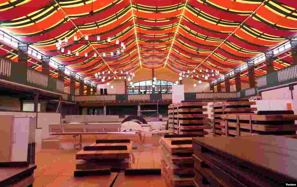 A beer tent under construction is pictured 15 days before the opening of the Munich Oktoberfest in Germany. Millions of beer drinkers from around the world will come to the Bavarian capital for the world&#39;s biggest and most famous beer festival, which opens Sept. 20.