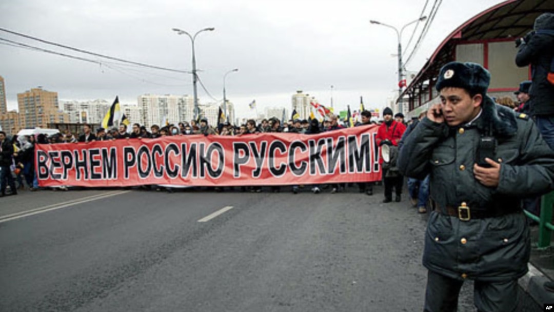 About 7,000 Russian nationalists marched, waving Czarist flags, and chanting such anti-immigrant slogans as 'Migrants Today, Occupiers Tomorrow,' in Moscow, November 4, 2011.