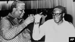 The late Vice President Joshua Nkomo and President Robert Mugabe.