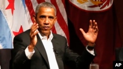 Former President Barack Obama hosts a conversation on civic engagement and community organizing, April 24, 2017, at the University of Chicago in Chicago.