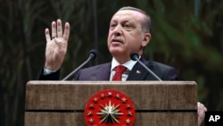 FILE - Turkey's President Recep Tayyip Erdogan addresses a group of farmers, in Ankara, Turkey, Monday, Nov. 14, 2016. Sunday, Erdogan said Turkey doesn't need to join the European Union.