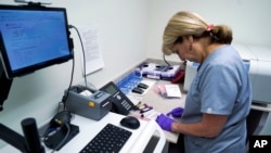 FILE - Stephanie Richurk, a nurse at the University of Pittsburgh Medical Center, sorts blood samples collected from participants in the "All of Us" research program in Pittsburgh, Aug. 7, 2017. 