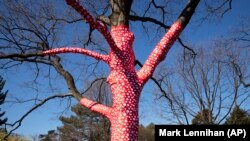 The sculpture "Ascension of Polka Dots on the Trees" by Japanese artist Yayoi Kusama is on display at the New York Botanical Garden, Thursday, April 8, 2021 in the Bronx borough of New York.