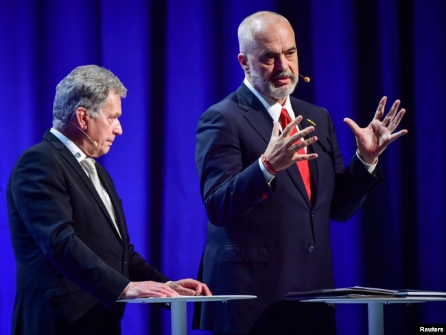 Finnish President Sauli Niinisto and Albanian Prime Minister Edi Rama speak during the Malmo International Forum on Holocaust Remembrance and Combating Antisemitism in Malmo, Sweden, October 13, 2021.