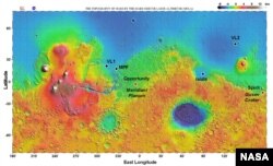 This NASA map shows the locations of landings on Mars.