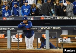 Los Angeles Dodgers starting pitcher Yu Darvish reacts from the dugout after Game 7 of the 2017 World Series against the Houston Astros at Dodger Stadium, Los Angeles, Nov. 1, 2017. Jayne Kamin-Oncea-USA TODAY Sports