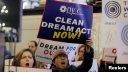 Activists demonstrate outside the New York office of Sen. Chuck Schumer (D-NY), urging the passage of a 'clean' Dream Act, one without additional enforcement or security, in New York, U.S., January 10, 2018. 