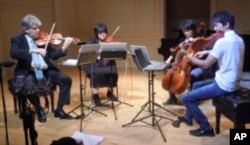 The Borromeo String Quartet rehearses before performing a Library of Congress concert honoring Antonio Stradivari.