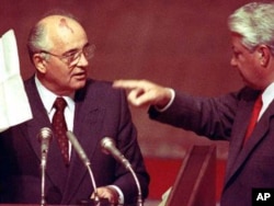 Soviet President Mikhail Gorbachev is pictured after a failed coup organized by hardline communists.
