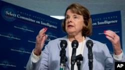 Senate Intelligence Committee Chair Sen. Dianne Feinstein, D-Calif. speaks to reporters on Capitol Hill, Sept. 5, 2013, following a closed-door briefing with national security officials on the situation in Syria. 