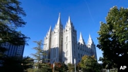FILE - The Salt Lake Temple at Temple Square in Salt Lake City is shown on Oct. 5, 2019. Billionaire Jeff T. Green has renounced his membership in The Church of Jesus Christ of Latter-day Saints and rebuked the faith on social issues and LGBTQ rights.
