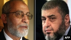 A combo shows Khairat el-Shater (R), then presidential candidate of Egypt's Muslim Brotherhood, on April 9, 2012 and Mohammed Badie (L) at a news conference in Cairo, January 16, 2010. 