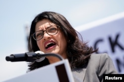 FILE - U.S. Rep. Rashida Tlaib, D-Mich., speaks at a rally calling on Congress to censure President Donald Trump, on Capitol Hill in Washington, April 30, 2019.