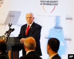 U.S. Vice President Mike Pence speaks at a conference on Mideast peace in Warsaw, Poland, Feb. 14, 2019.