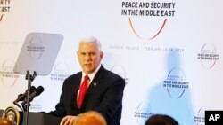U.S. Vice President Mike Pence speaks at a conference on Peace and Security in the Middle East, in Warsaw, Poland, Feb. 14, 2019.