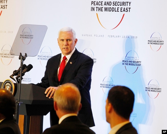 U.S. Vice President Mike Pence speaks at a conference on Mideast peace in Warsaw, Poland, Feb. 14, 2019.