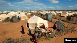 难民站在肯尼亚索马里边境的难民营外(资料照片)