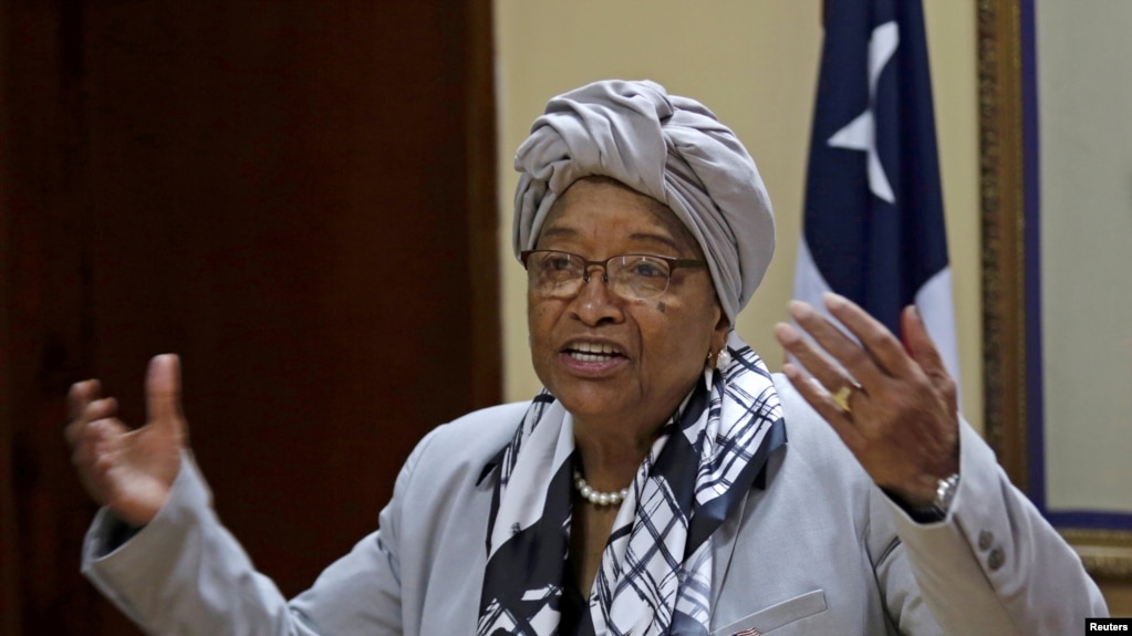 FILE - Ellen Johnson Sirleaf speaks during a news conference at the Presidential Palace in Monrovia, Liberia, Oct. 12, 2017.