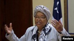 FILE - Ellen Johnson Sirleaf speaks during a news conference at the Presidential Palace in Monrovia, Liberia, Oct. 12, 2017.