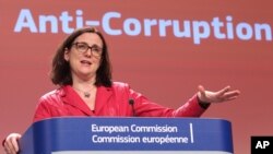 European Commissioner for Home Affairs Cecilia Malmstrom addresses the media, at the European Commission headquarters in Brussels, Feb. 3, 2014.