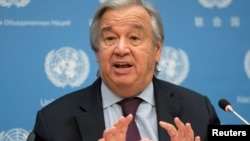 El secretario general de la ONU, Antonio Guterres, en una rueda de prensa en la sede de las Naciones Unidas en Nueva York.