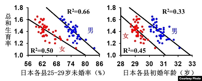 日本各县的未婚率、初婚年龄与总和生育率(易富贤提供)