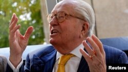 French Far-Right Front National party founder Jean-Marie Le Pen speaks to journalists during the plenary session at the Provence-Alpes-Cote d'Azur regional council in Marseille, France, Oct. 16, 2015.