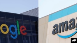 The Google logo, left, is displayed at the company's headquarters in Mountain View, Calif., on July 19, 2016, and the Amazon logo is displayed on the exterior wall of the Amazon OXR1 fulfillment center in Oxnard, Calif., on Aug. 21, 2024. (AP Photo)