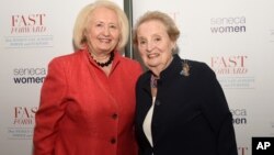 Former Secretary of State Madeleine Albright, right, poses with Ambassador Melanne Verveer, co-founder Seneca Women, at Seneca Women's Fast Forward Women’s Innovation Forum, Sept. 29, 2018, held in New York.