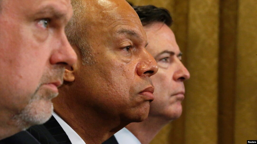FILE - From left, U.S. National Counterterrorism Center Director Nicholas Rasmussen, Homeland Security Secretary Jeh Johnson and FBI Director James Comey testify before a House Homeland Security Committee hearing on Capitol Hill in Washington, July 14, 2016. 