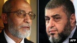 A combo shows Khairat el-Shater (R), then presidential candidate of Egypt's Muslim Brotherhood, holding a press conference in Cairo on April 9, 2012 and Mohammed Badie (L), after he was appointed as the new leader of the Muslim Brotherhood, addressing a n