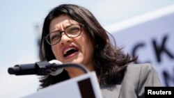 FILE - U.S. Rep. Rashida Tlaib (D-MI) speaks at a rally calling on Congress to censure President Donald Trump on Capitol Hill in Washington, April 30, 2019.