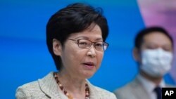 Hong Kong Chief Executive Carrie Lam speaks during a press conference in Hong Kong, Aug. 10, 2021.