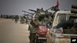 Libyan rebel scans the field as they wait for the signal to advance at an intersection just outside Brega, Libya, April 3, 2011