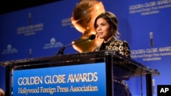 America Ferrera announces nominations for the 73rd annual Golden Globe Awards at the Beverly Hilton hotel in Beverly Hills, Calif., Dec. 10, 2015. The 73rd annual Golden Globe Awards will be held Jan. 10, 2016.