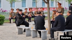 North Korean leader Kim Jong Un speaks during a visit to the Kim Il Sung Military University on the 92nd founding anniversary of the Korean People's Revolutionary Army, in Pyongyang, North Korea, April 25, 2024 in a photo released by the Korean Central News Agency.